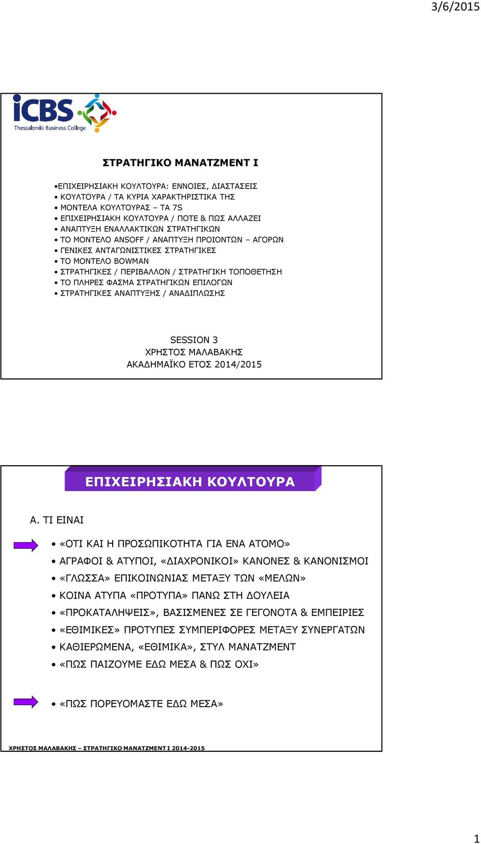 Σ / ΑΝΑΔΙΠΛΩΣΗΣ SESSION 3 ΧΡΗΣΤΟΣ ΜΑΛΑΒΑΚΗΣ ΑΚΑΔΗΜΑΪΚΟ ΕΤΟΣ 2014/2015 ΕΠΙΧΕΙΡΗΣΙΑΚΗ ΚΟΥΛΤΟΥΡΑ Α.