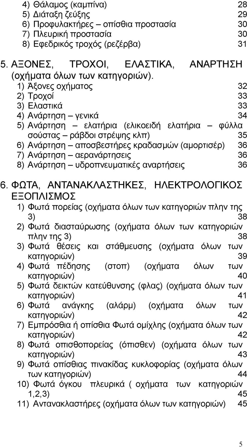 1) Άξονες οχήματος 32 2) Τροχοί 33 3) Ελαστικά 33 4) Ανάρτηση - γενικά 34 5) Ανάρτηση - ελατήρια (ελικοειδή ελατήρια - φύλλα σούστας - ράβδοι στρέψης κλπ) 35 6) Ανάρτηση - αποσβεστήρες κραδασμών