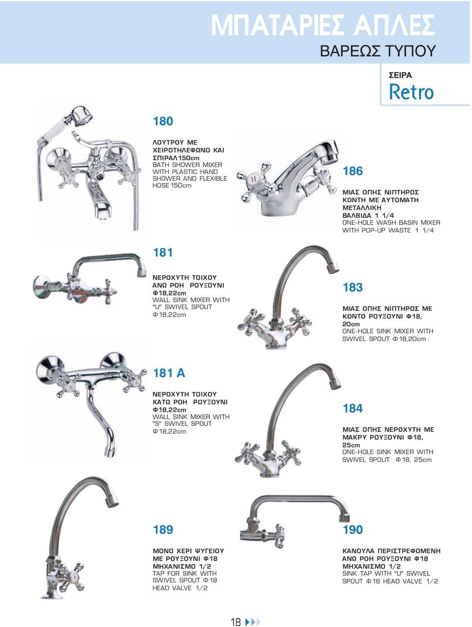 ONE-HOLE SINK MIXER WITH SWIVEL SPOUT Φ18,20cm 181 A NΕΡΟΧΥΤΗ ΤΟΙΧΟΥ ΚΑΤΩ ΡΟΗ ΡΟΥΞΟΥΝΙ Φ18,22cm WALL SINK MIXER WITH ''S'' SWIVEL SPOUT Φ18,22cm 184 ΜΙΑΣ ΟΠΗΣ ΝΕΡΟΧΥΤΗ ΜΕ ΜΑΚΡΥ ΡΟΥΞΟΥΝΙ Φ18, 25cm