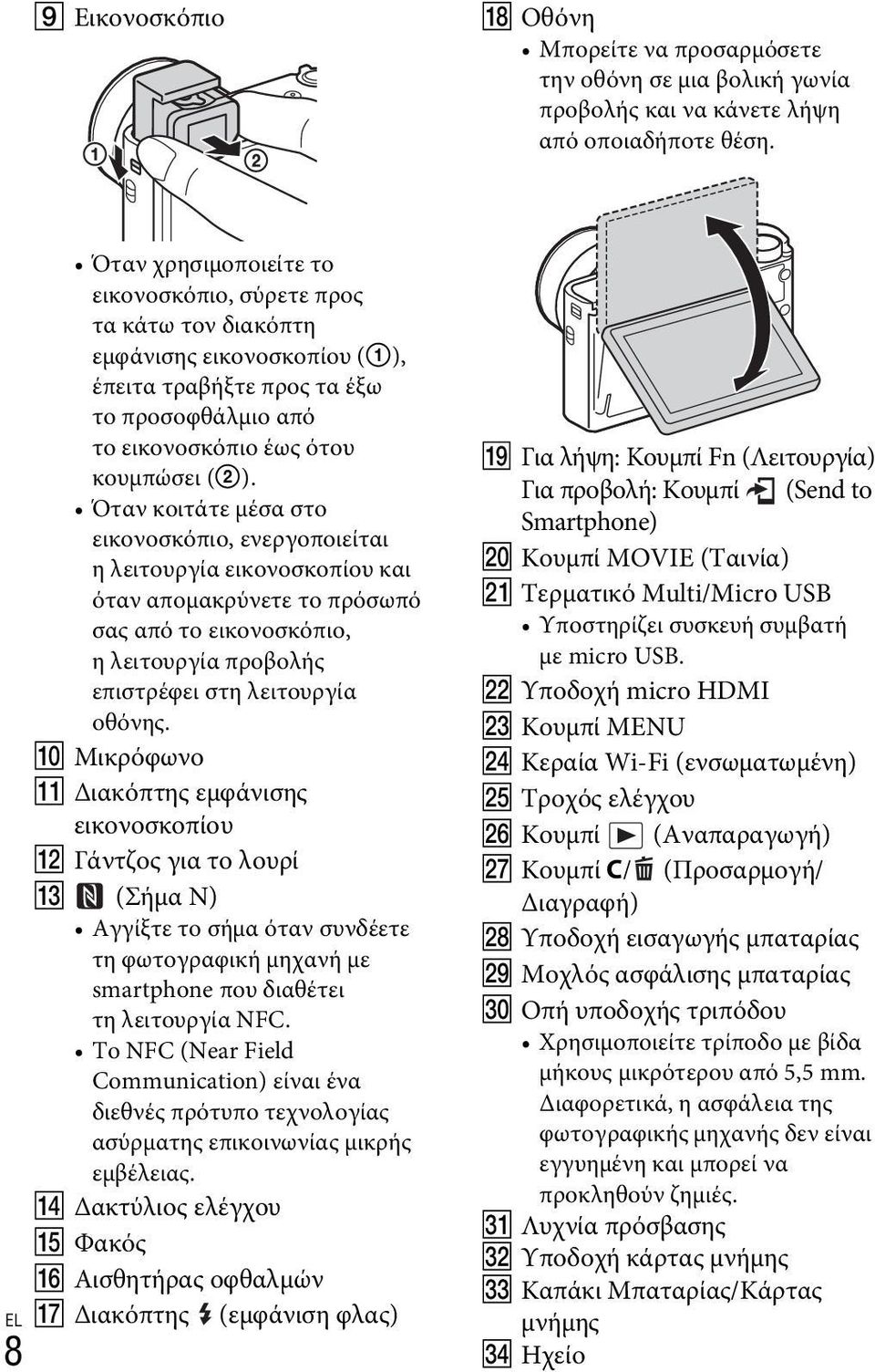 Όταν κοιτάτε μέσα στο εικονοσκόπιο, ενεργοποιείται η λειτουργία εικονοσκοπίου και όταν απομακρύνετε το πρόσωπό σας από το εικονοσκόπιο, η λειτουργία προβολής επιστρέφει στη λειτουργία οθόνης.