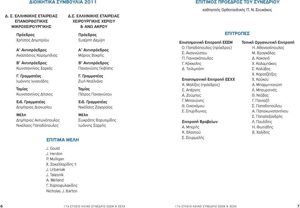 Σακελλαρίδης J. Urbaniak J. Talesnik A. Weiland Γ. Χαρτοφυλακίδης Nicholas J. Barton Δ.Σ. Ελληνικης Εταιρειας Χειρουργικης Χεριου & Ανω Ακρου Πρόεδρος Ευτέρπη Δεμίρη Α Αντιπρόεδρος Μάριος Βεκρής Β Αντιπρόεδρος Παναγιώτης Γκιβίσης Γ.
