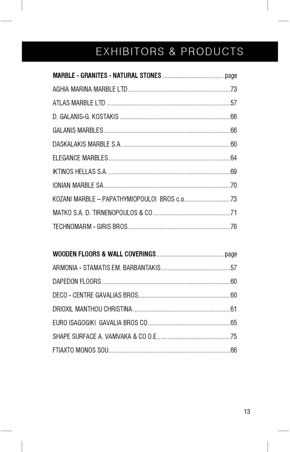 ..71 TECHNOMARM - GIRIS BROS...76 WOODEN FLOORS & WALL COVERINGS... page ARMONIA - STAMATIS EM. BARBANTAKIS...57 DAPEDON FLOORS...60 DECO - CENTRE GAVALIAS BROS.