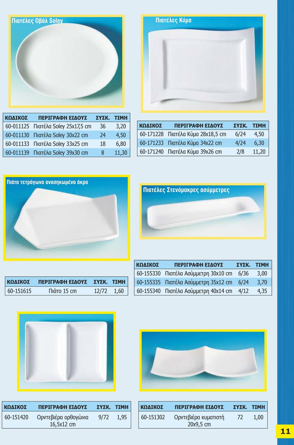 2/8 11,20 60-151615 Πιάτο 15 cm 12/72 1,60 60-155330 Πιατέλα Ασύμμετρη 30x10 cm 6/36 3,00 60-155335 Πιατέλα Ασύμμετρη 35x12 cm 6/24 3,70