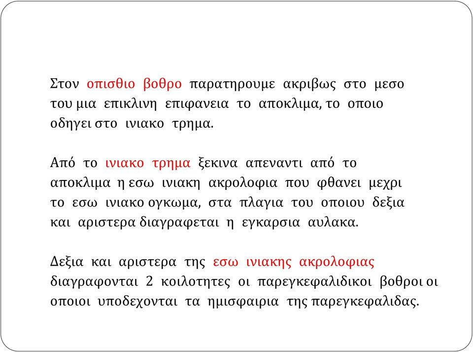 Από το ινιακο τρημα ξεκινα απεναντι από το αποκλιμα η εσω ινιακη ακρολοφια που φθανει μεχρι το εσω ινιακο ογκωμα,