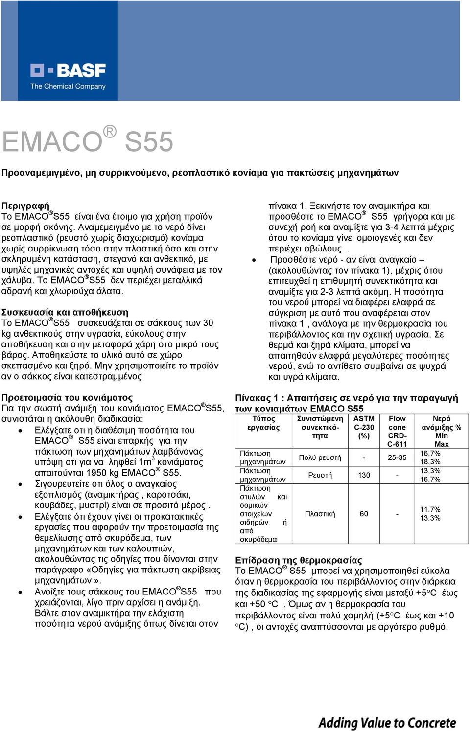 και υψηλή συνάφεια με τον χάλυβα. Το EMACO S55 δεν περιέχει μεταλλικά αδρανή και χλωριούχα άλατα.