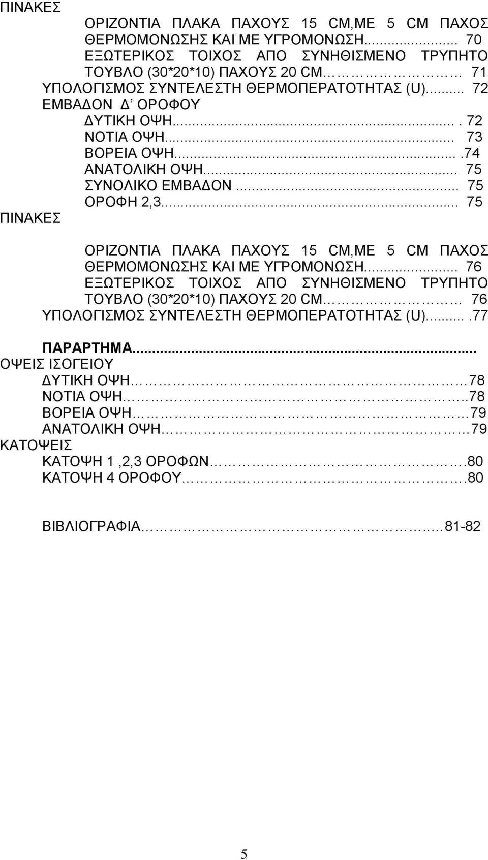 .. 73 ΒΟΡΕΙΑ ΟΨΗ....74 ΑΝΑΤΟΛΙΚΗ ΟΨΗ... 75 ΣΥΝΟΛΙΚΟ ΕΜΒΑΔΟΝ... 75 ΟΡΟΦΗ 2,3... 75 .. 76 ΕΞΩΤΕΡΙΚΟΣ ΤΟΙΧΟΣ ΑΠΟ ΣΥΝΗΘΙΣΜΕΝΟ ΤΡΥΠΗΤΟ ΤΟΥΒΛΟ (30*20*10) ΠΑΧΟΥΣ 20 CM 76 ΥΠΟΛΟΓΙΣΜΟΣ ΣΥΝΤΕΛΕΣΤΗ ΘΕΡΜΟΠΕΡΑΤΟΤΗΤΑΣ (U).