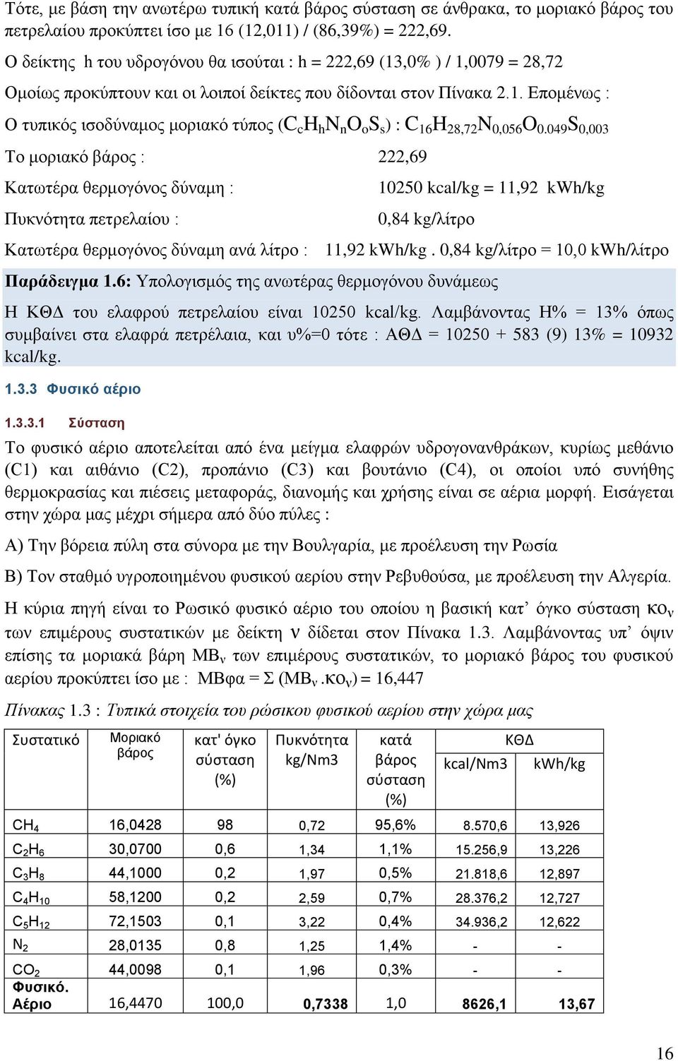 049 S 0,003 Το μοριακό βάρος : 222,69 Κατωτέρα θερμογόνος δύναμη : Πυκνότητα πετρελαίου : 10250 kcal/kg = 11,92 kwh/kg 0,84 kg/λίτρο Κατωτέρα θερμογόνος δύναμη ανά λίτρο : 11,92 kwh/kg.