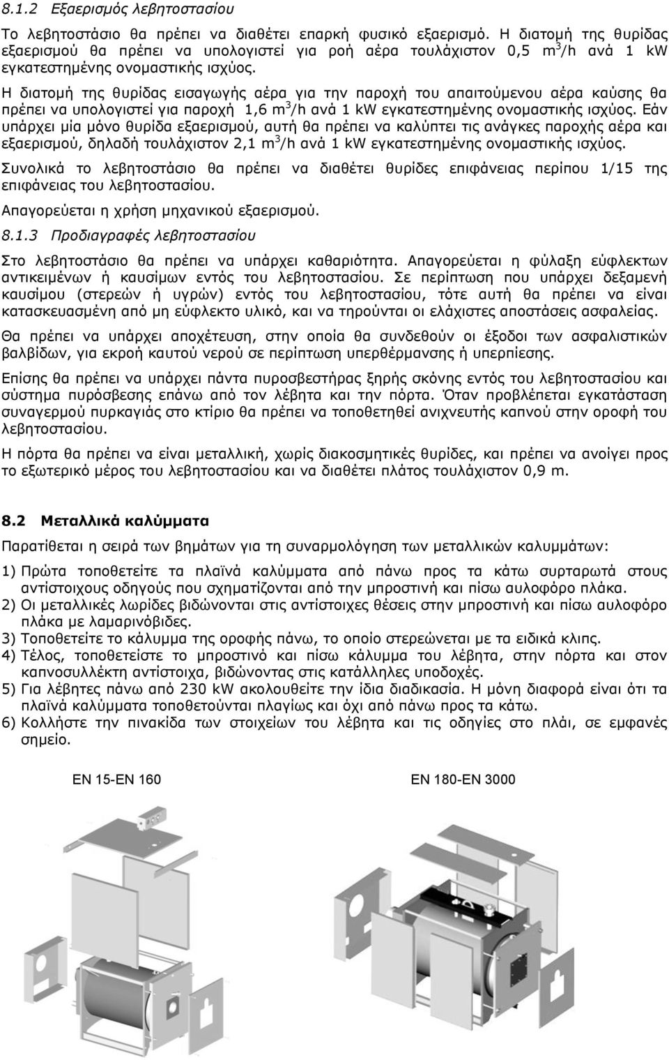 Η διατομή της θυρίδας εισαγωγής αέρα για την παροχή του απαιτούμενου αέρα καύσης θα πρέπει να υπολογιστεί για παροχή 1,6 m 3 /h ανά 1 kw εγκατεστημένης ονομαστικής ισχύος.