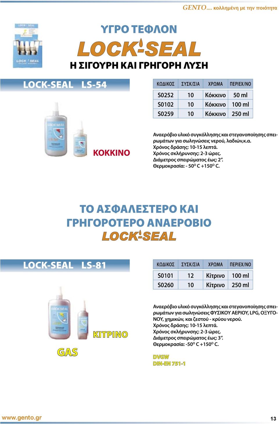 ΤΟ ΑΣΦΑΛΕΣΤΕΡΟ ΚΑΙ ΓΡΗΓΟΡΟΤΕΡΟ ΑΝΑΕΡΟΒΙΟ LOCK-SEAL LS-81 S0101 12 Κίτρινο 100 ml S0260 10 Κίτρινο 250 ml GAS KITΡΙΝΟ Aναερόβιο υλικό συγκόλλησης και στεγανοποίησης σπειρωµάτων για