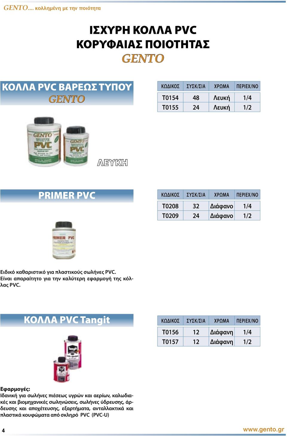 ΚΟΛΛΑ PVC Tangit Τ0156 12 Διάφανη 1/4 Τ0157 12 Διάφανη 1/2 Εφαρµογές: Ιδανική για σωλήνες πιέσεως υγρών και αερίων, καλωδιακές και