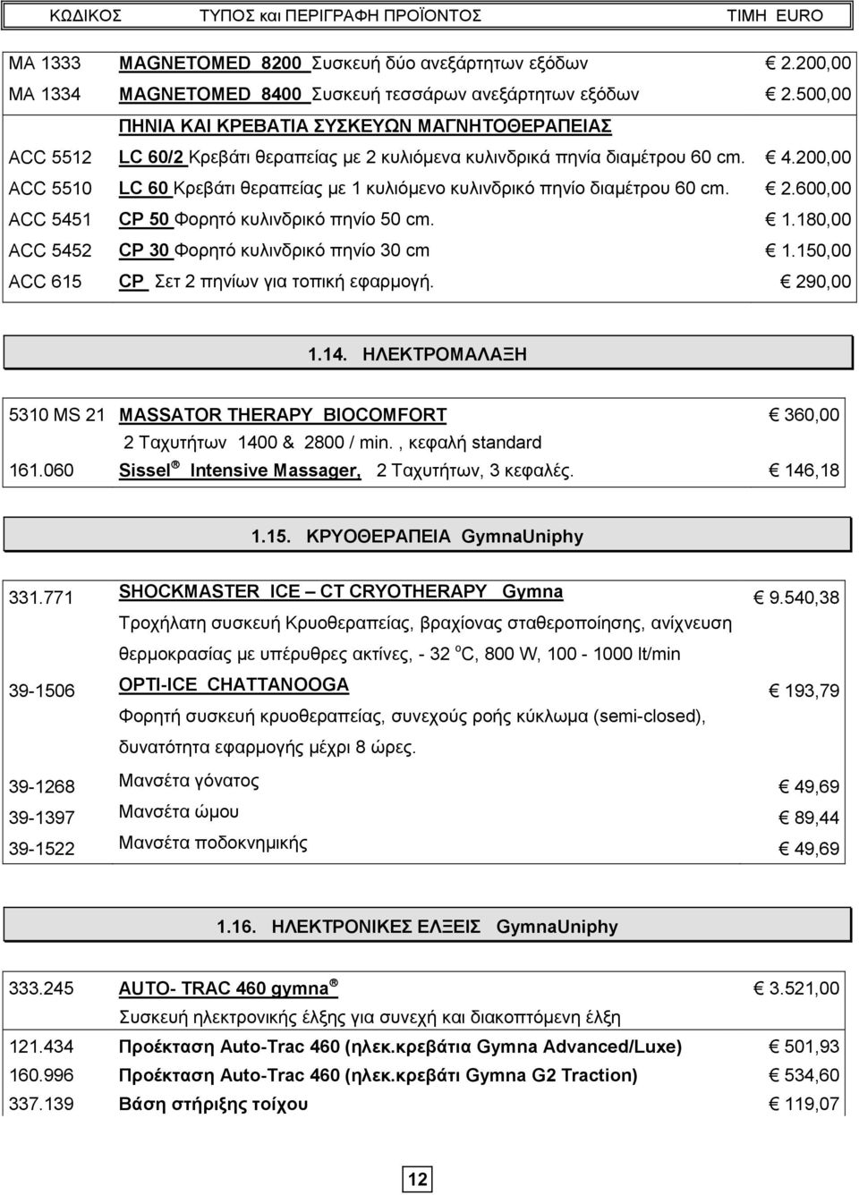 200,00 ACC 5510 LC 60 Κρεβάτι θεραπείας με 1 κυλιόμενο κυλινδρικό πηνίο διαμέτρου 60 cm. 2.600,00 ACC 5451 CP 50 Φορητό κυλινδρικό πηνίο 50 cm. 1.180,00 ACC 5452 CP 30 Φορητό κυλινδρικό πηνίο 30 cm 1.