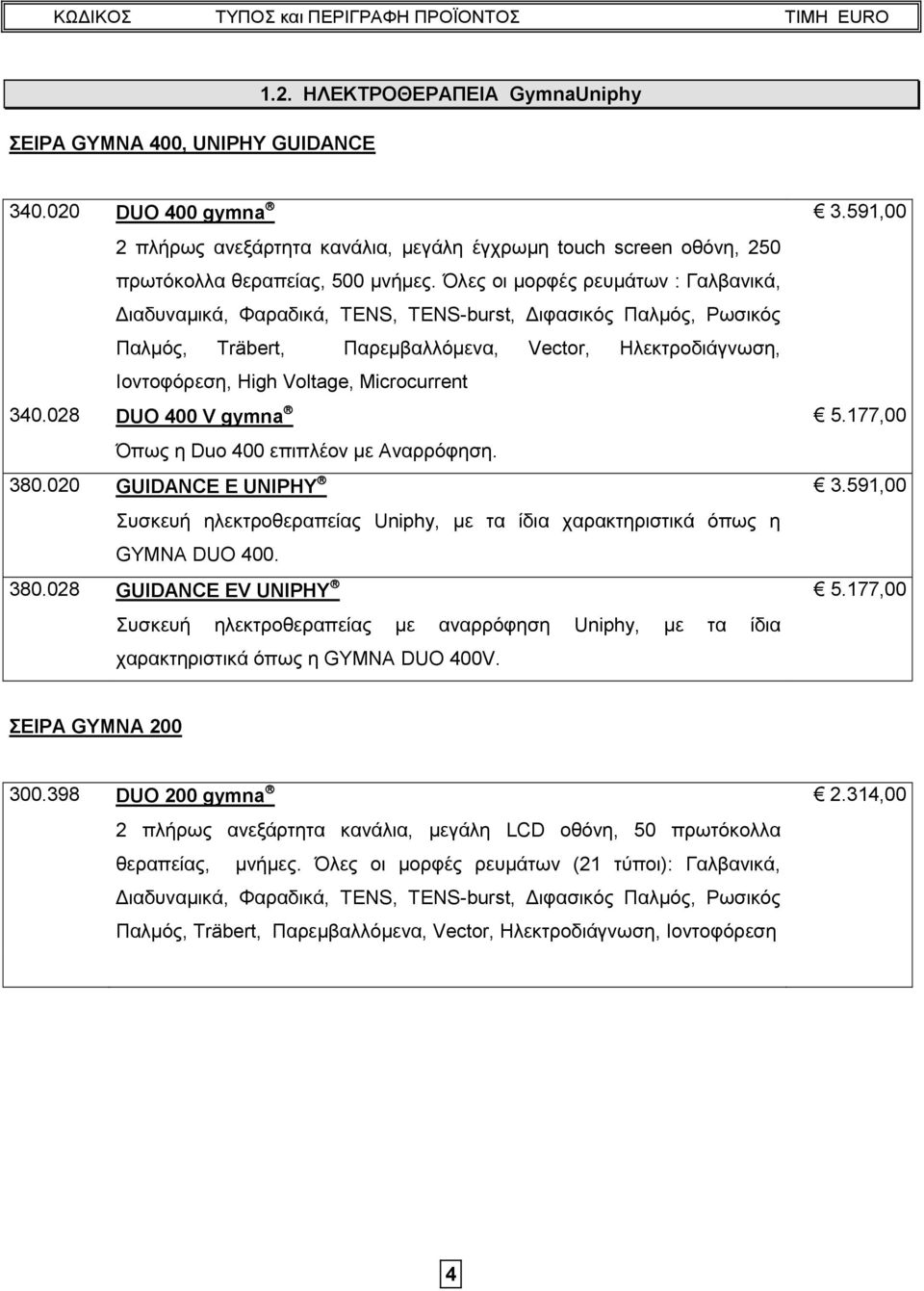 Microcurrent 340.028 DUO 400 V gymna Όπως η Duo 400 επιπλέον με Αναρρόφηση. 380.020 GUIDANCE E UNIPHY Συσκευή ηλεκτροθεραπείας Uniphy, με τα ίδια χαρακτηριστικά όπως η GYMNA DUO 400. 380.028 GUIDANCE EV UNIPHY Συσκευή ηλεκτροθεραπείας με αναρρόφηση Uniphy, με τα ίδια χαρακτηριστικά όπως η GYMNA DUO 400V.