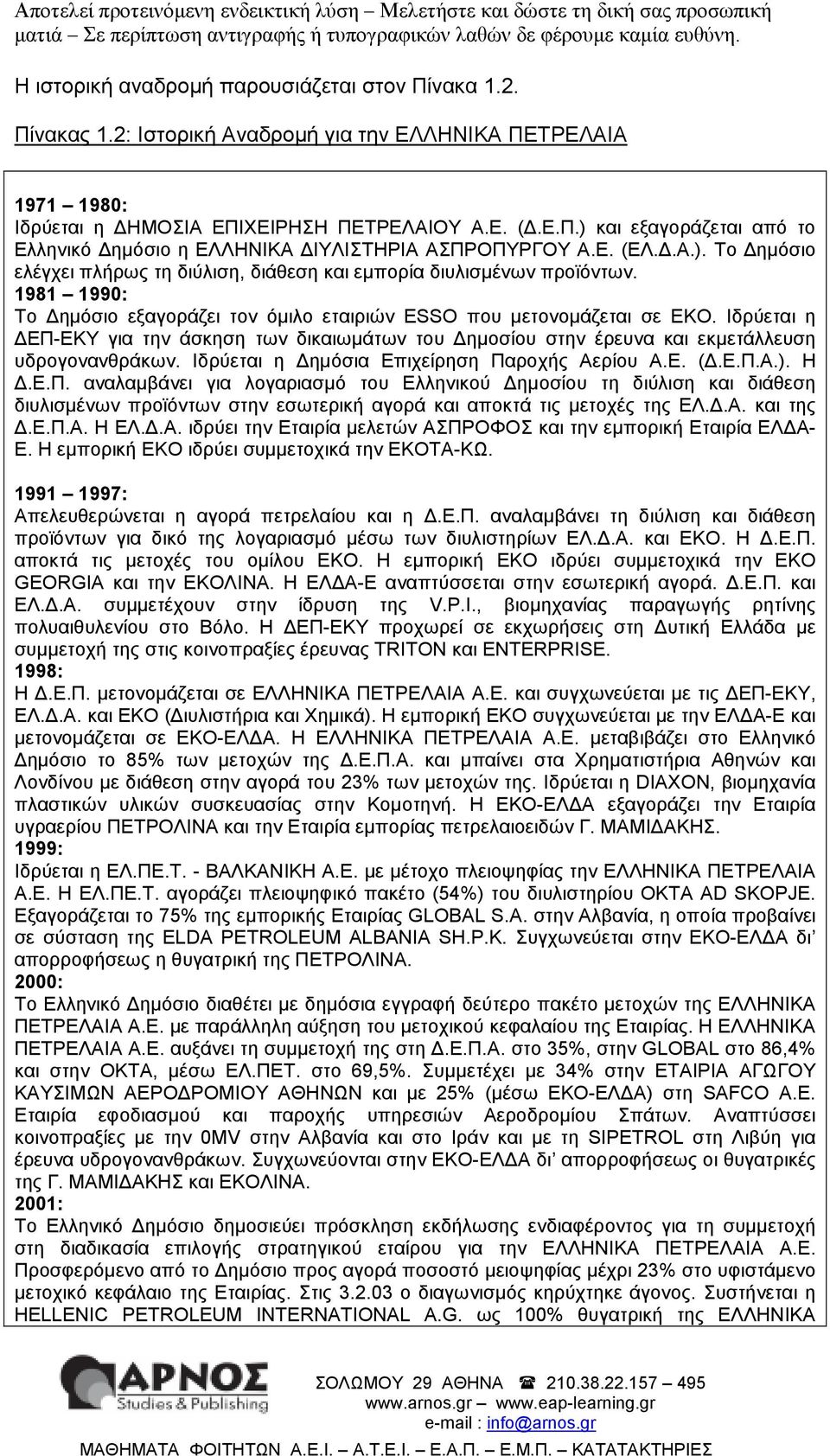 Ιδρύεται η ΕΠ-ΕΚΥ για την άσκηση των δικαιωµάτων του ηµοσίου στην έρευνα και εκµετάλλευση υδρογονανθράκων. Ιδρύεται η ηµόσια Επιχείρηση Παροχής Αερίου Α.Ε. (.Ε.Π.Α.). Η.Ε.Π. αναλαµβάνει για λογαριασµό του Ελληνικού ηµοσίου τη διύλιση και διάθεση διυλισµένων προϊόντων στην εσωτερική αγορά και αποκτά τις µετοχές της ΕΛ.