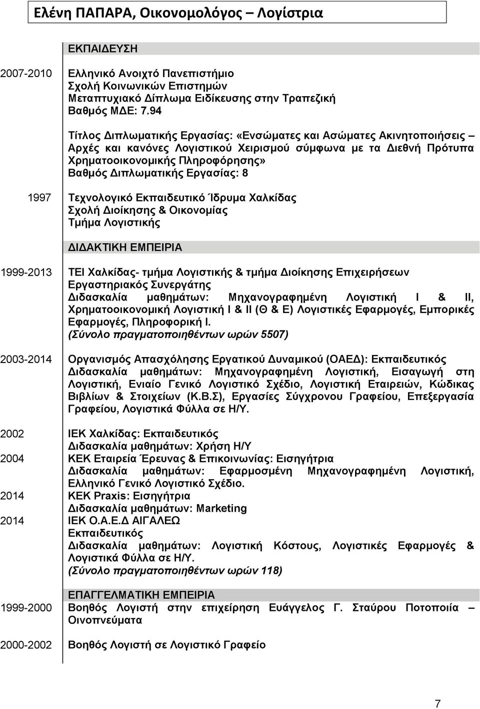 Εργασίας: 8 1997 Τεχνολογικό Εκπαιδευτικό Ίδρυμα Χαλκίδας Σχολή Διοίκησης & Οικονομίας Τμήμα Λογιστικής ΔΙΔΑΚΤΙΚΗ ΕΜΠΕΙΡΙΑ 1999-2013 ΤΕΙ Χαλκίδας- τμήμα Λογιστικής & τμήμα Διοίκησης Επιχειρήσεων