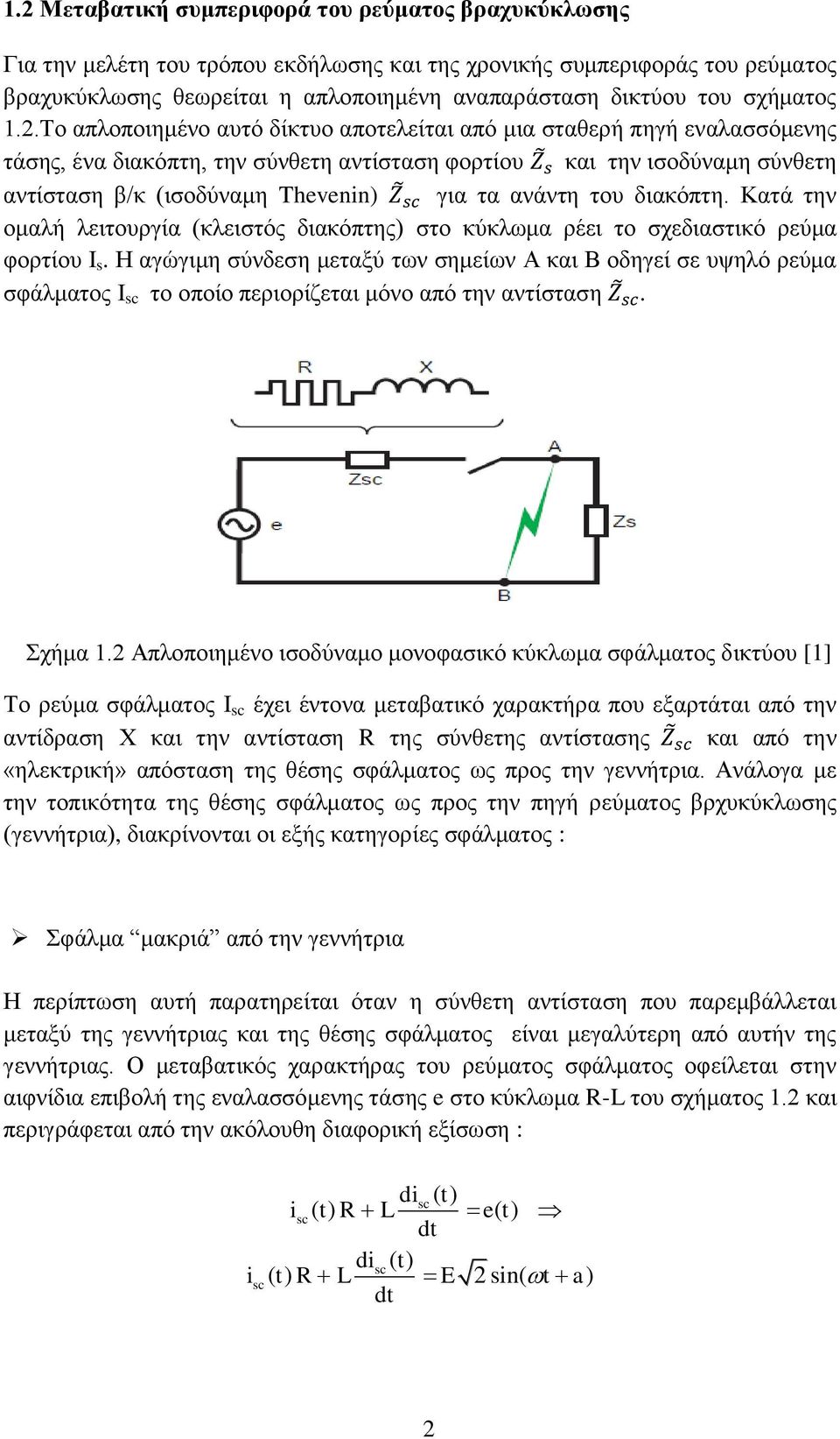 Το απλοποιημένο αυτό δίκτυο αποτελείται από μια σταθερή πηγή εναλασσόμενης τάσης, ένα διακόπτη, την σύνθετη αντίσταση φορτίου και την ισοδύναμη σύνθετη αντίσταση β/κ (ισοδύναμη Thevenin) για τα