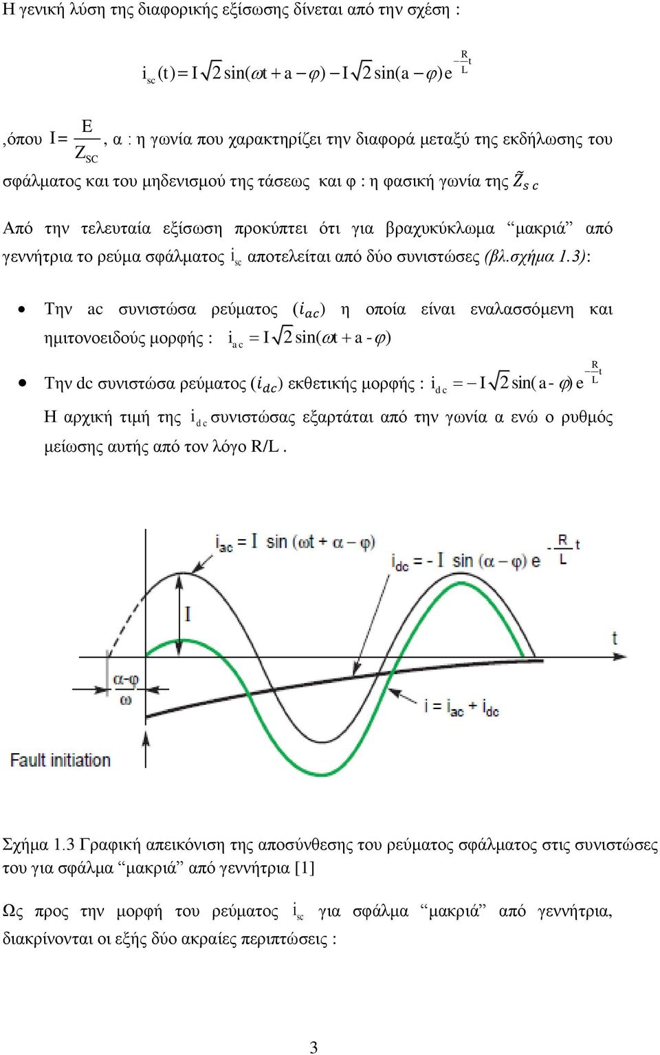 3): R t L Την ac συνιστώσα ρεύματος ( ) η οποία είναι εναλασσόμενη και ημιτονοειδούς μορφής : i I 2 sin( t a - ) ac Την dc συνιστώσα ρεύματος ( ) εκθετικής μορφής : i I 2 sin( a- ) e Η αρχική τιμή