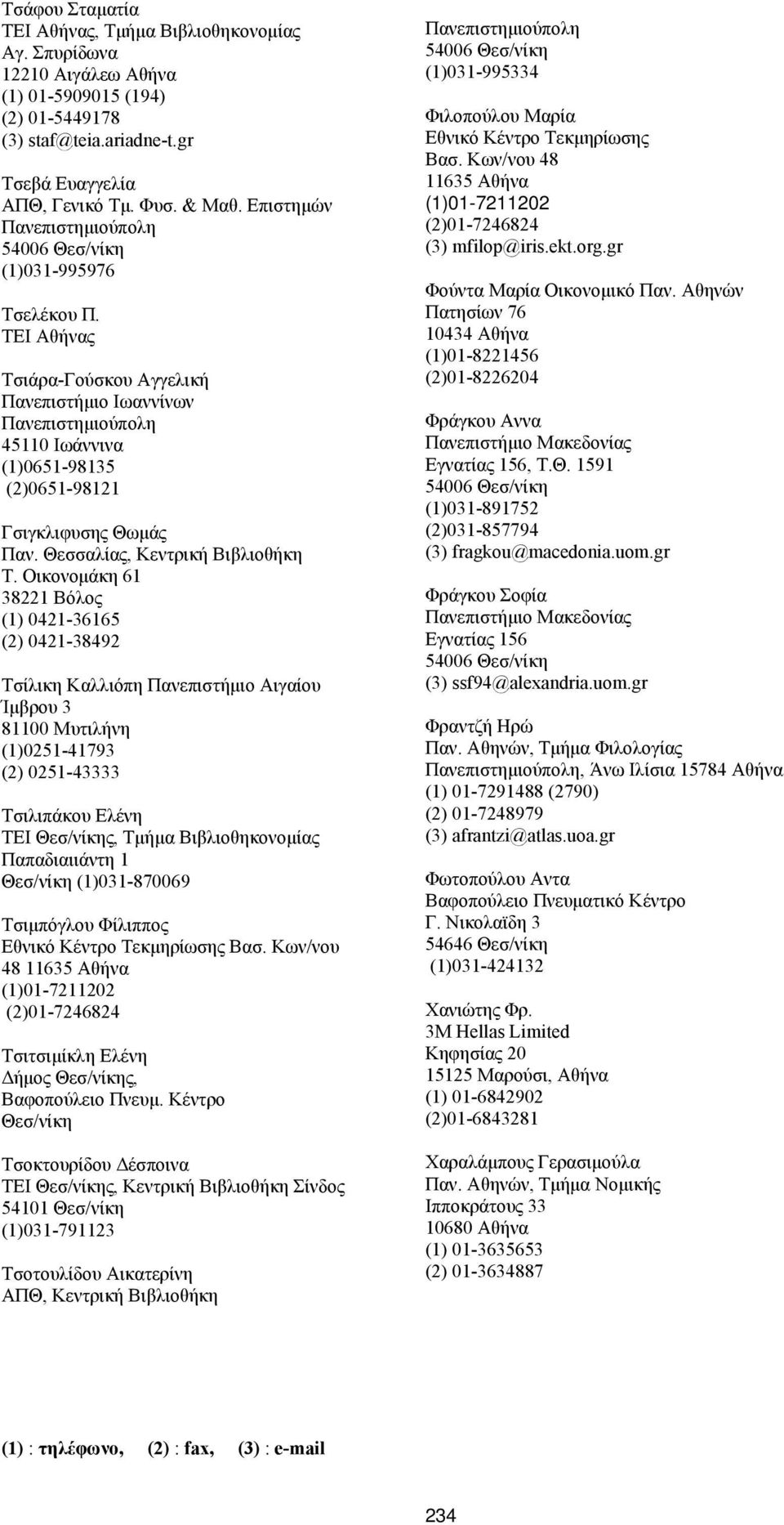 Οικονομάκη 61 38221 Βόλος (1) 0421-36165 (2) 0421-38492 Τσίλικη Καλλιόπη Πανεπιστήμιο Αιγαίου Ίμβρου 3 81100 Μυτιλήνη (1)0251-41793 (2) 0251-43333 Τσιλιπάκου Ελένη Παπαδιαιιάντη 1 (1)031-870069