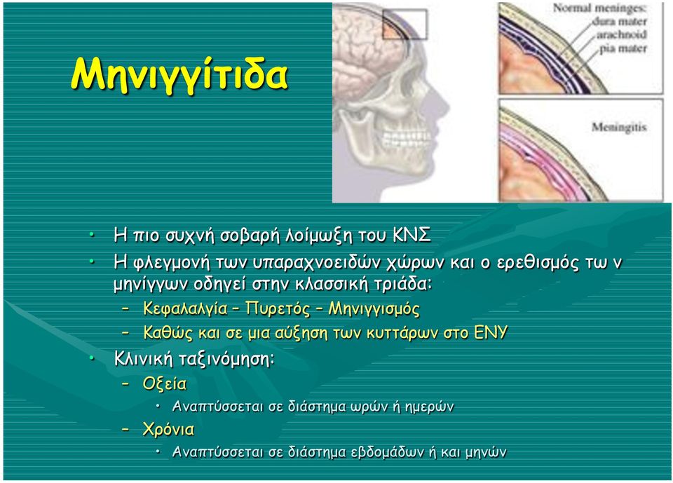 Μηνιγγισµός Καθώς και σε µια αύξηση των κυττάρων στο ΕΝΥ Κλινική ταξινόµηση: Οξεία