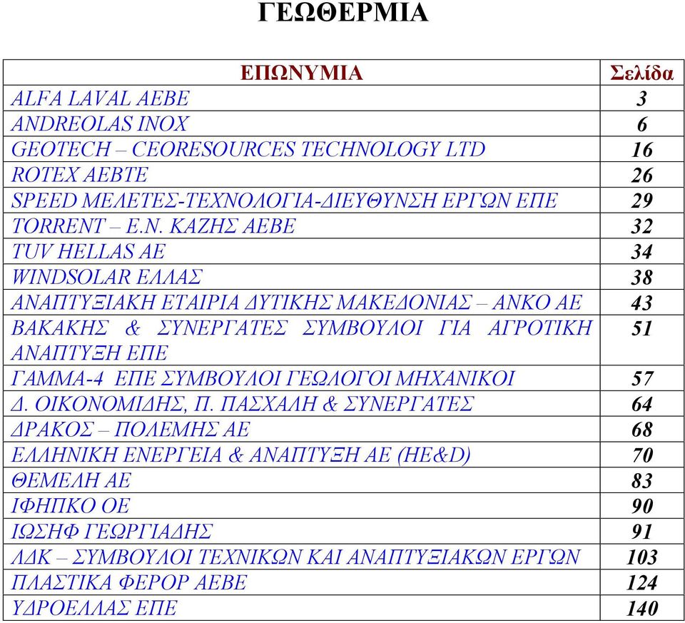 E.N. ΚΑΖΗΣ ΑΕΒΕ 32 TUV HELLAS AE 34 WINDSOLAR ΕΛΛΑΣ 38 ΑΝΑΠΤΥΞΙΑΚΗ ΕΤΑΙΡΙΑ ΔΥΤΙΚΗΣ ΜΑΚΕΔΟΝΙΑΣ ΑΝΚΟ ΑΕ 43 ΒΑΚΑΚΗΣ & ΣΥΝΕΡΓΑΤΕΣ ΣΥΜΒΟΥΛΟΙ ΓΙΑ ΑΓΡΟΤΙΚΗ 51