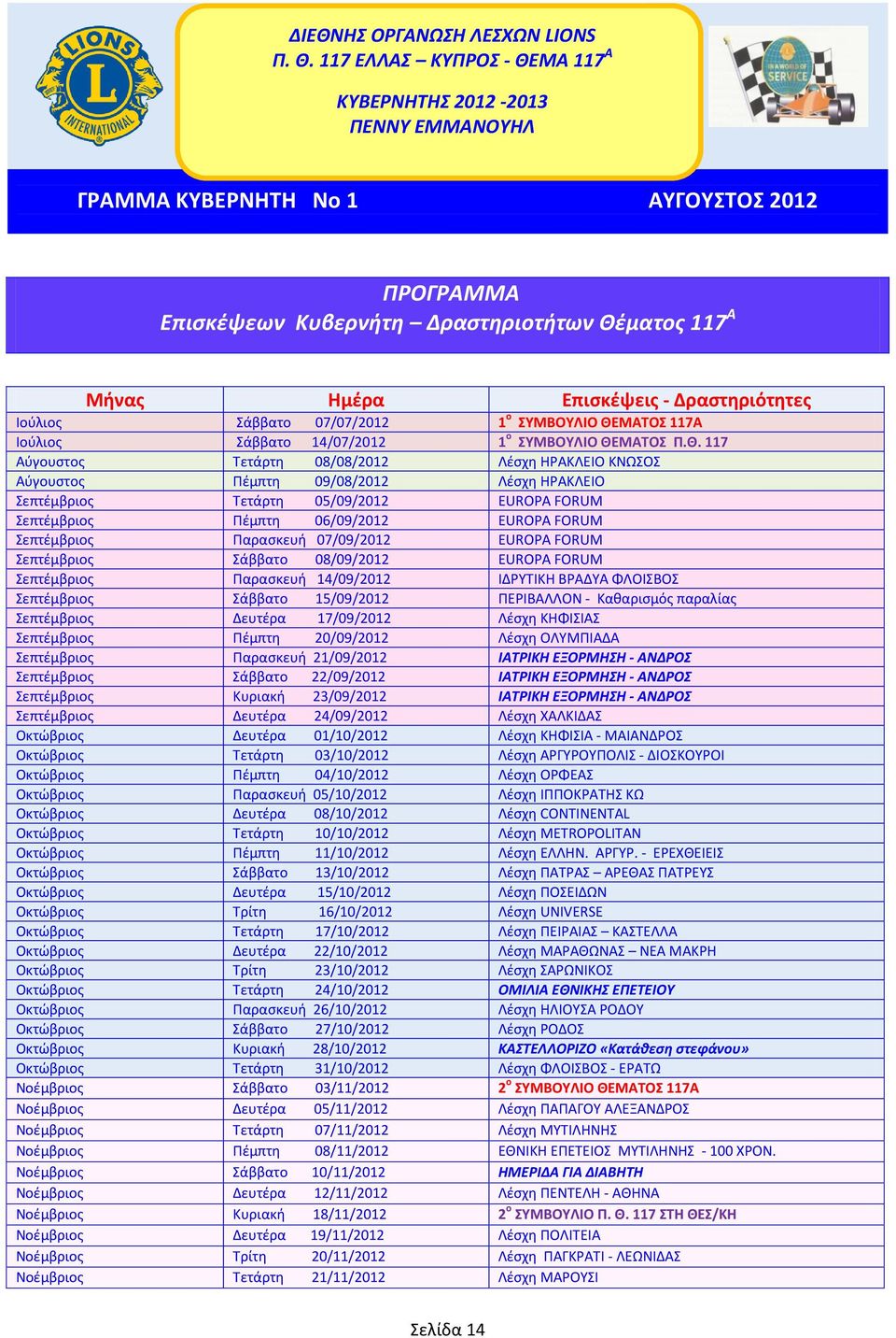 Σεπτέμβριος Παρασκευή 07/09/2012 EUROPA FORUM Σεπτέμβριος Σάββατο 08/09/2012 EUROPA FORUM Σεπτέμβριος Παρασκευή 14/09/2012 ΙΔΡΥΤΙΚΗ ΒΡΑΔΥΑ ΦΛΟΙΣΒΟΣ Σεπτέμβριος Σάββατο 15/09/2012 ΠΕΡΙΒΑΛΛΟΝ -