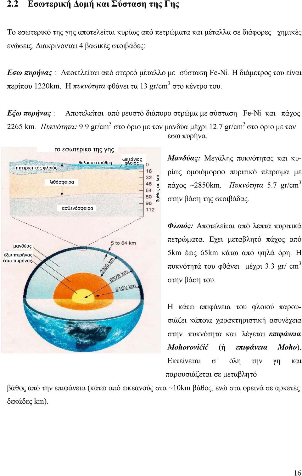 Eξω πυρήνας : Αποτελείται από ρευστό διάπυρο στρώµα µε σύσταση Fe-Ni και πάχος 65 km. Πυκνότητα: 9.9 gr/cm 3 στο όριο µε τον µανδύα µέχρι 1.7 gr/cm 3 στο όριο µε τον έσω πυρήνα.