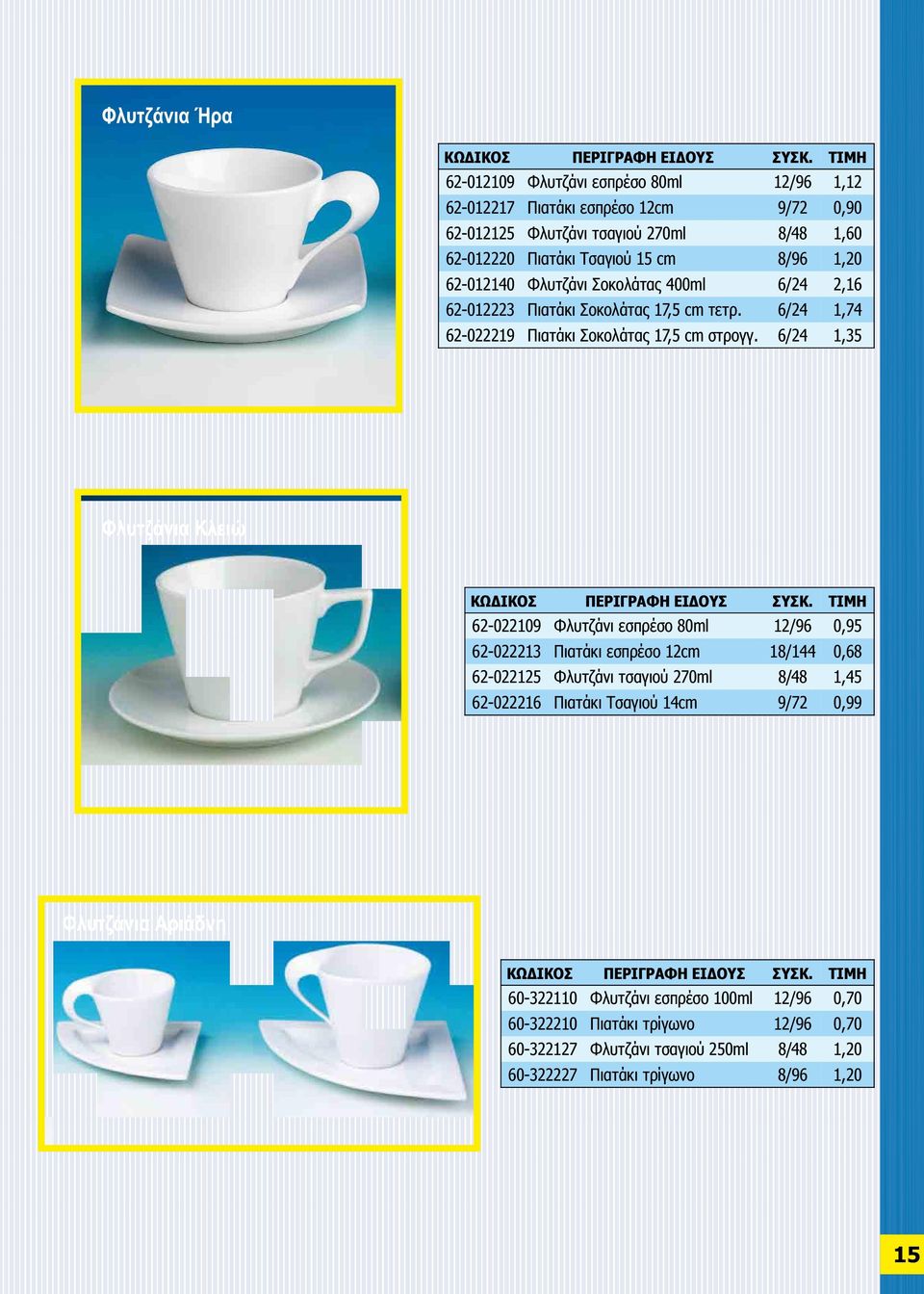 6/24 1,35 62-022109 Φλυτζάνι εσπρέσο 80ml 12/96 0,95 62-022213 Πιατάκι εσπρέσο 12cm 18/144 0,68 62-022125 Φλυτζάνι τσαγιού 270ml 8/48 1,45 62-022216 Πιατάκι