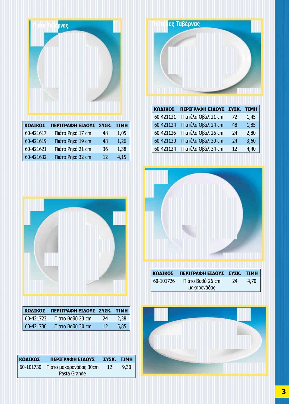 2,80 60-421130 Πιατέλα Οβάλ 30 cm 24 3,60 60-421134 Πιατέλα Οβάλ 34 cm 12 4,40 60-101726 Πιάτο Βαθύ 26 cm μακαρονάδας 24