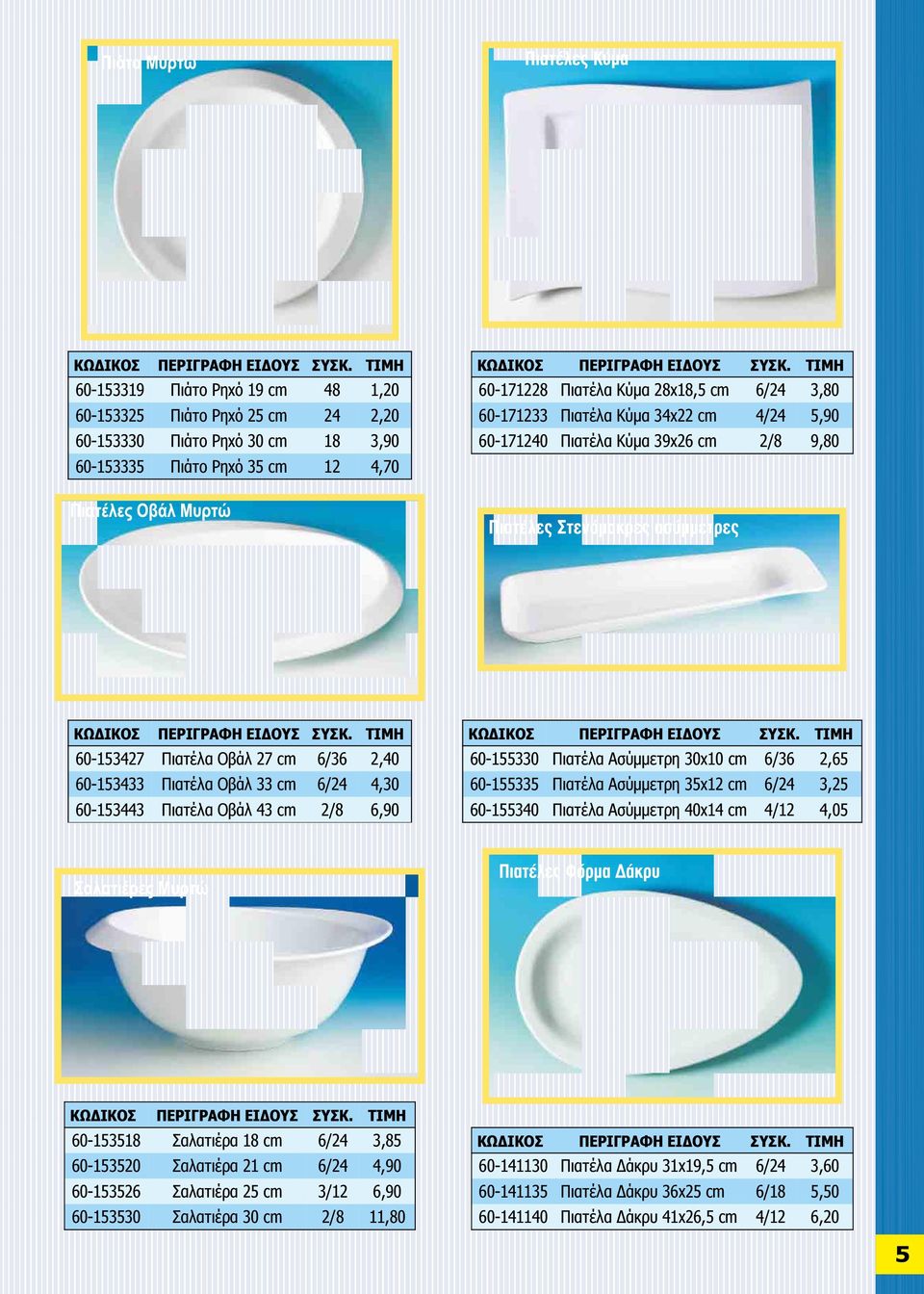 Πιατέλα Ασύμμετρη 30x10 cm 6/36 2,65 60-155335 Πιατέλα Ασύμμετρη 35x12 cm 6/24 3,25 60-155340 Πιατέλα Ασύμμετρη 40x14 cm 4/12 4,05 60-153518 Σαλατιέρα 18 cm 6/24 3,85 60-153520 Σαλατιέρα 21 cm 6/24