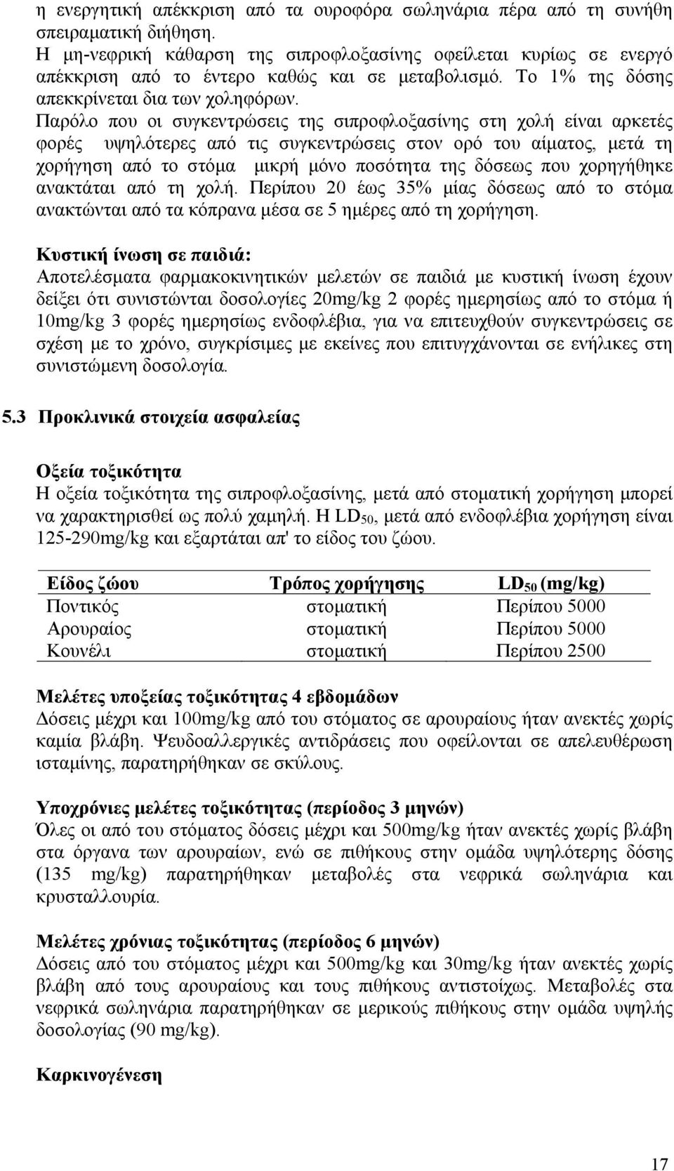 Παρόλο που οι συγκεντρώσεις της σιπροφλοξασίνης στη χολή είναι αρκετές φορές υψηλότερες από τις συγκεντρώσεις στον ορό του αίματος, μετά τη χορήγηση από το στόμα μικρή μόνο ποσότητα της δόσεως που