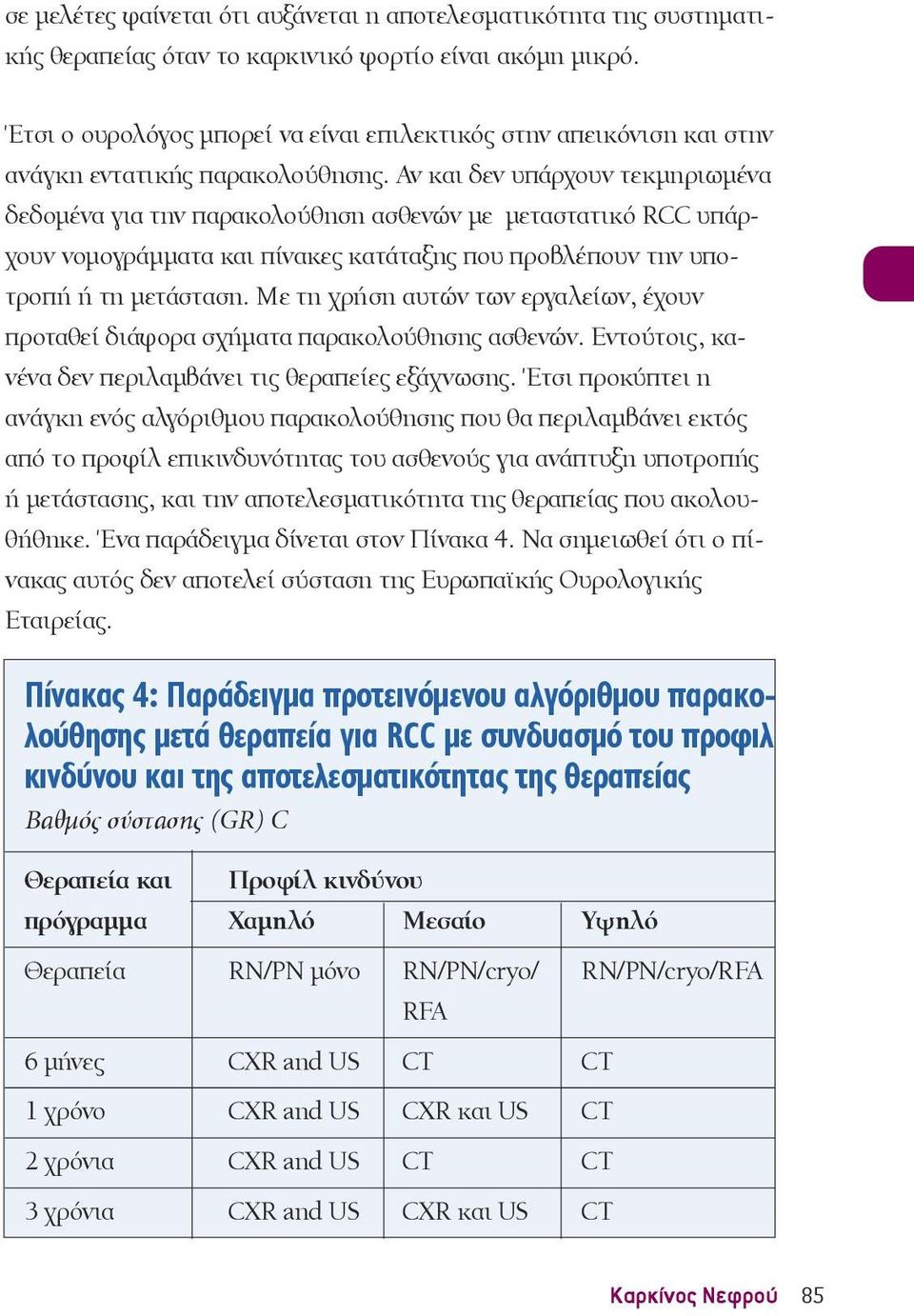 Αν και δεν υπάρχουν τεκμηριωμένα δεδομένα για την παρακολούθηση ασθενών με μεταστατικό RCC υπάρχουν νομογράμματα και πίνακες κατάταξης που προβλέπουν την υποτροπή ή τη μετάσταση.