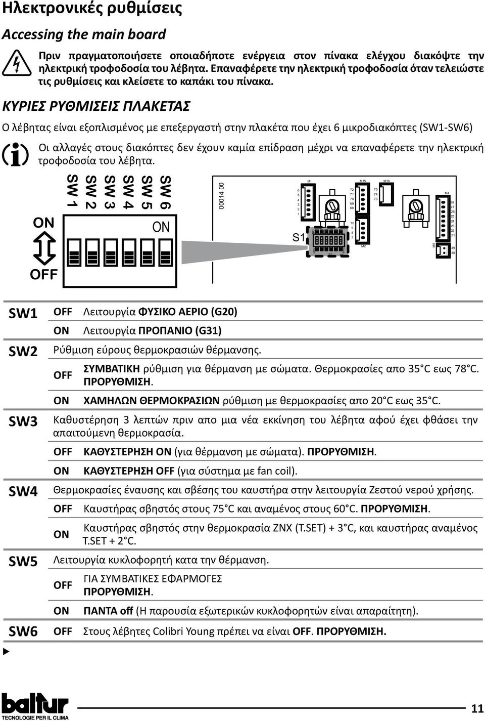 ΚΥΡΙΕΣ ΡΥΘΜΙΣΕΙΣ ΠΛΑΚΕΤΑΣ Ο λέβητας είναι εξοπλισμένος με επεξεργαστή στην πλακέτα που έχει 6 μικροδιακόπτες (SW1-SW6) Οι αλλαγές στους διακόπτες δεν έχουν καμία επίδραση μέχρι να επαναφέρετε την