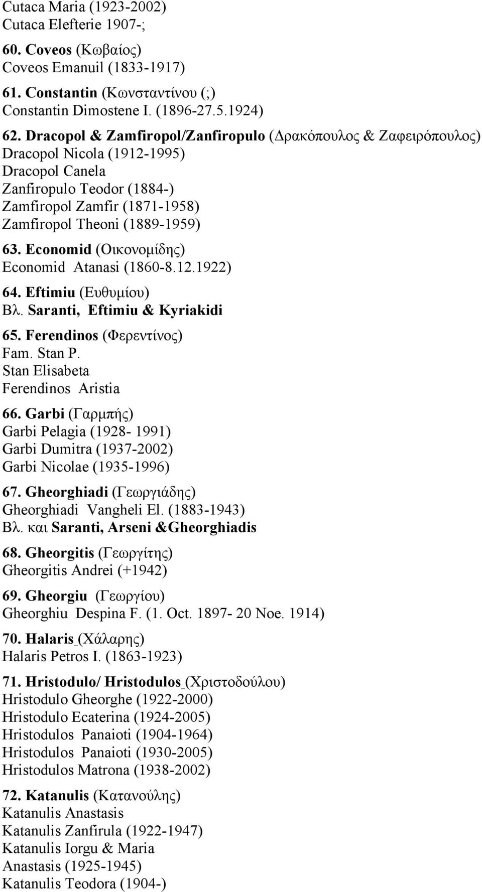 Economid (Οικονοµίδης) Economid Atanasi (1860-8.12.1922) 64. Eftimiu (Ευθυµίου) Βλ. Saranti, Eftimiu & Kyriakidi 65. Ferendinos (Φερεντίνος) Fam. Stan P. Stan Elisabeta Ferendinos Aristia 66.