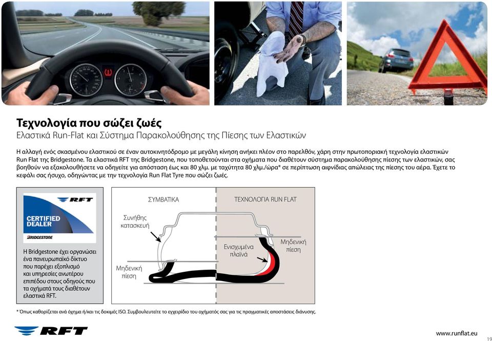 Τα ελαστικά RFT της Bridgestone, που τοποθετούνται στα οχήματα που διαθέτουν σύστημα παρακολούθησης πίεσης των ελαστικών, σας βοηθούν να εξακολουθήσετε να οδηγείτε για απόσταση έως και 80 χλμ.