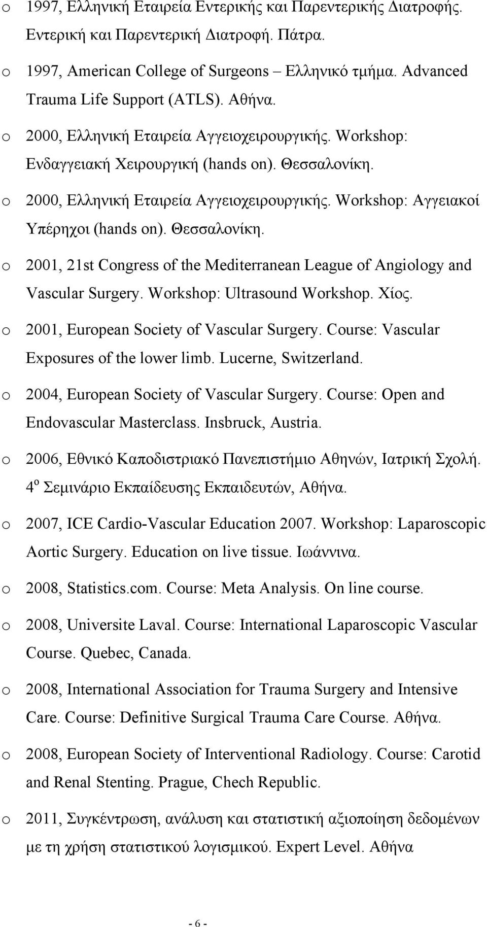 Θεσσαλονίκη. o 2001, 21st Congress of the Mediterranean League of Angiology and Vascular Surgery. Workshop: Ultrasound Workshop. Χίος. o 2001, European Society of Vascular Surgery.