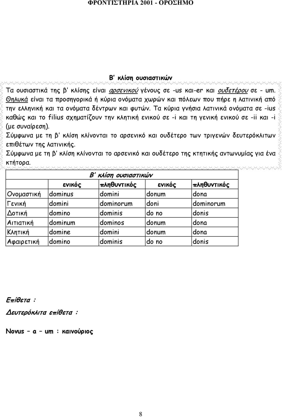 Τα κύρια γνήσια λατινικά ονόµατα σε -ius καθώς και το filius σχηµατίζουν την κλητική ενικού σε -i και τη γενική ενικού σε -ii και -i (µε συναίρεση).