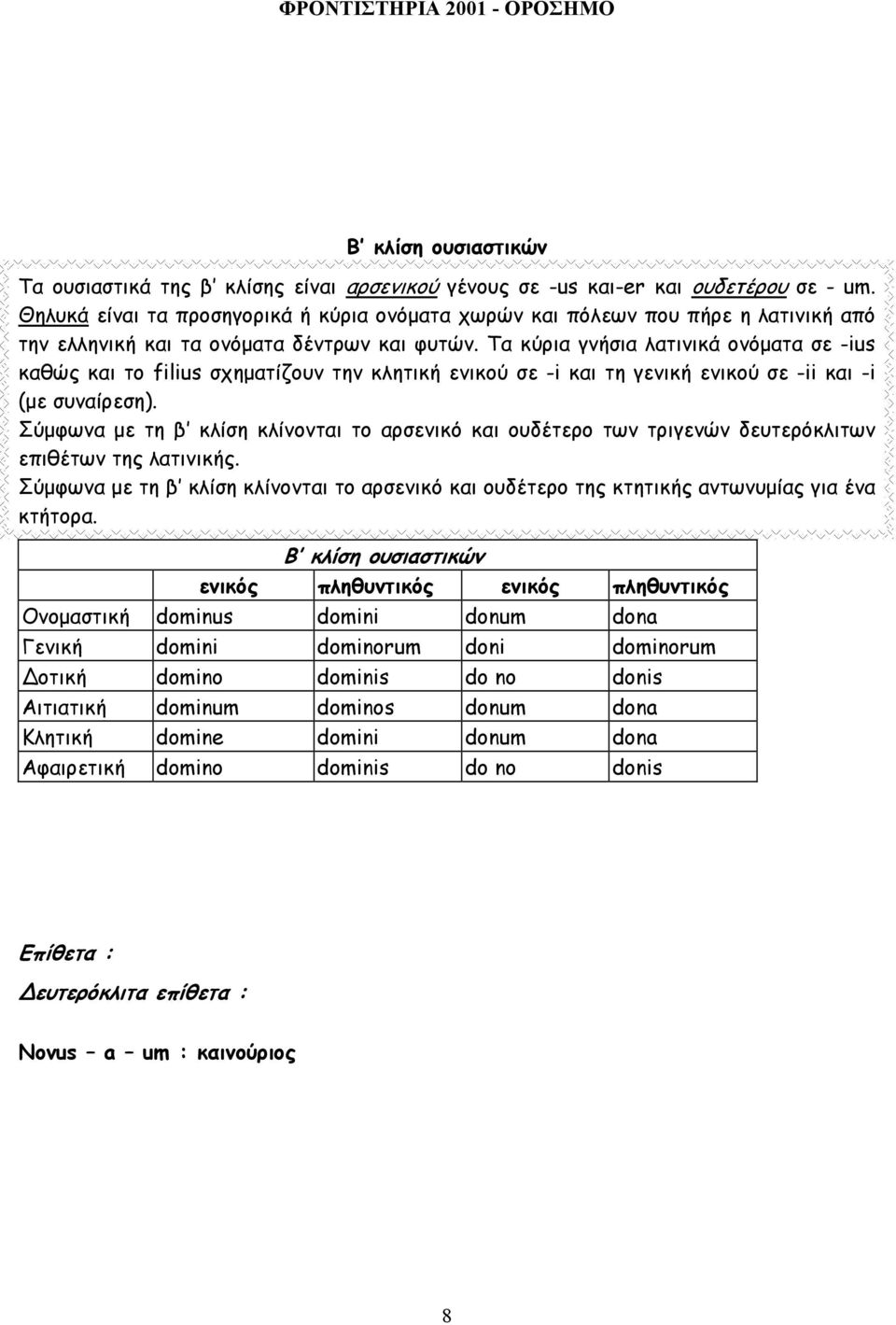 Τα κύρια γνήσια λατινικά ονόµατα σε -ius καθώς και το filius σχηµατίζουν την κλητική ενικού σε -i και τη γενική ενικού σε -ii και -i (µε συναίρεση).