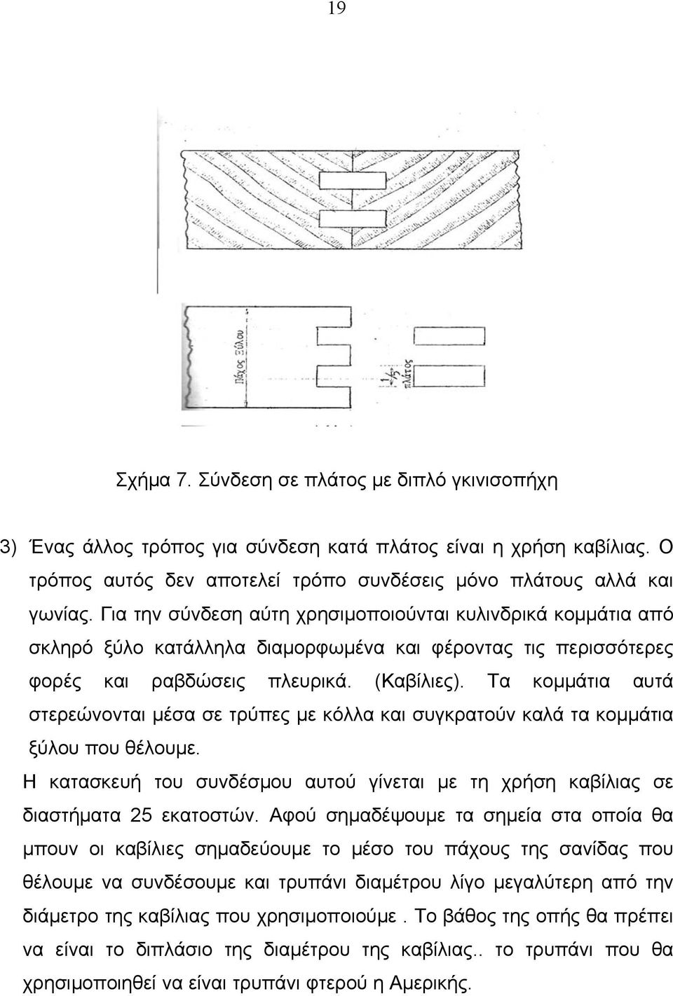 Τα κομμάτια αυτά στερεώνονται μέσα σε τρύπες με κόλλα και συγκρατούν καλά τα κομμάτια ξύλου που θέλουμε. Η κατασκευή του συνδέσμου αυτού γίνεται με τη χρήση καβίλιας σε διαστήματα 25 εκατοστών.