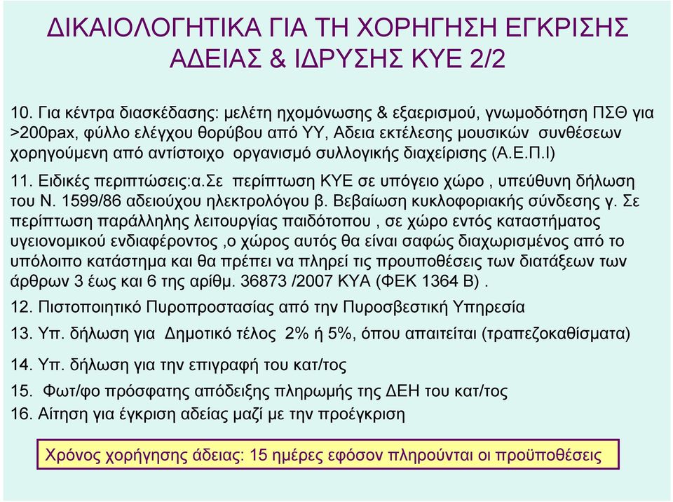 διαχείρισης (Α.Ε.Π.Ι) 11. Ειδικές περιπτώσεις:α.σε περίπτωση ΚΥΕ σε υπόγειο χώρο, υπεύθυνη δήλωση του Ν. 1599/86 αδειούχου ηλεκτρολόγου β. Βεβαίωση κυκλοφοριακής σύνδεσης γ.