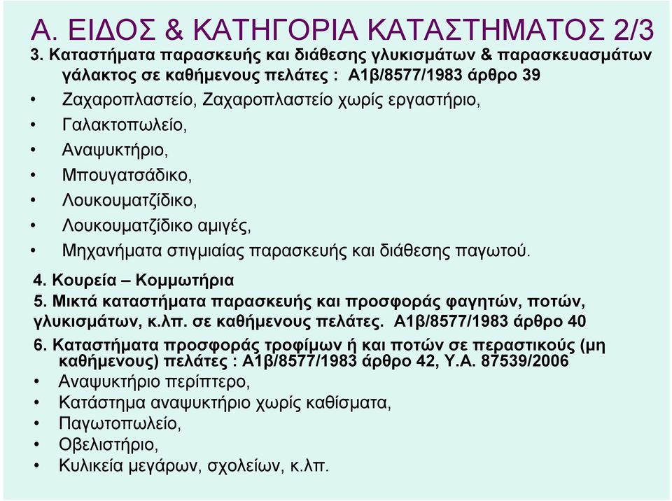 Αναψυκτήριο, Μπουγατσάδικο, Λουκουματζίδικο, Λουκουματζίδικο αμιγές, Μηχανήματα στιγμιαίας παρασκευής και διάθεσης παγωτού. 4. Κουρεία Κομμωτήρια 5.