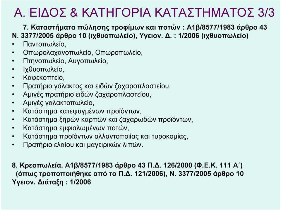 ειδών ζαχαροπλαστείου, Αμιγές γαλακτοπωλείο, Κατάστημα κατεψυγμένων προϊόντων, Κατάστημα ξηρών καρπών και ζαχαρωδών προϊόντων, Κατάστημα εμφιαλωμένων ποτών, Κατάστημα προϊόντων