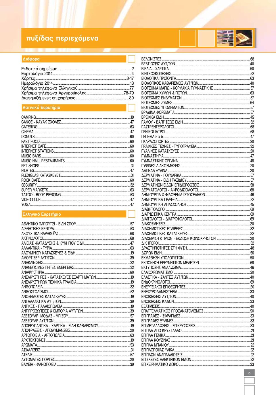 ..60 MUSIC BARS...60 MUSIC HALL RESTAURANTS...60 PET SHOPS...31 PILATES...47 PLEXIGLAS ΚΑΤΑΣΚΕΥΕΣ...31 ROCK CAFÉ...60 SECURITY...32 SUPER MARKETS...63 TATOO BODY PIERCING...53 VIDEO CLUB...47 YOGA.