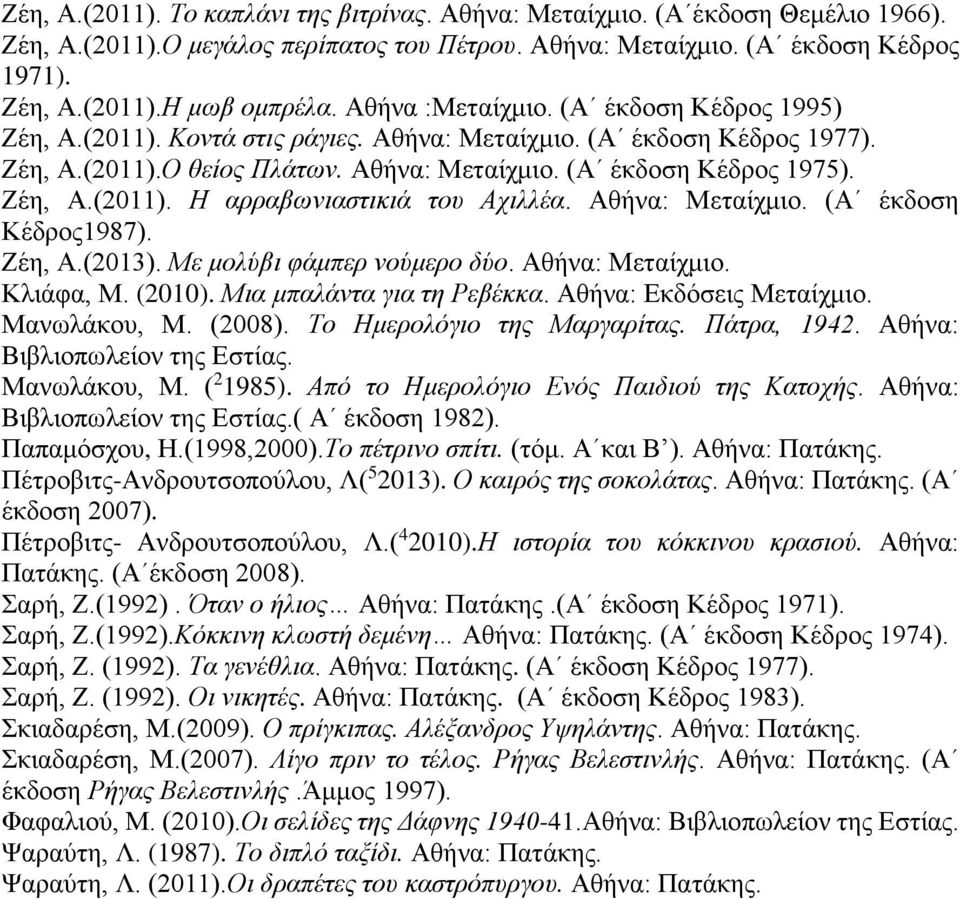 Αθήνα: Μεταίχμιο. (Α έκδοση Κέδρος1987). Ζέη, Α.(2013). Με μολύβι φάμπερ νούμερο δύο. Αθήνα: Μεταίχμιο. Κλιάφα, Μ. (2010). Μια μπαλάντα για τη Ρεβέκκα. Αθήνα: Εκδόσεις Μεταίχμιο. Μανωλάκου, Μ. (2008).