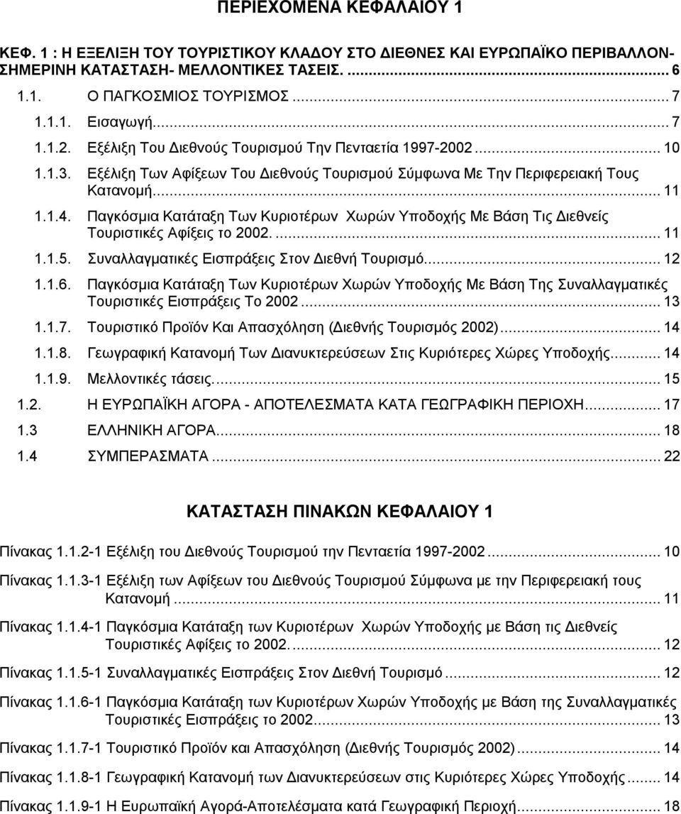 Παγκόσμια Κατάταξη Των Κυριοτέρων Χωρών Υποδοχής Με Βάση Τις Διεθνείς Τουριστικές Αφίξεις το 2002...11 1.1.5. Συναλλαγματικές Εισπράξεις Στον Διεθνή Τουρισμό...12 1.1.6.