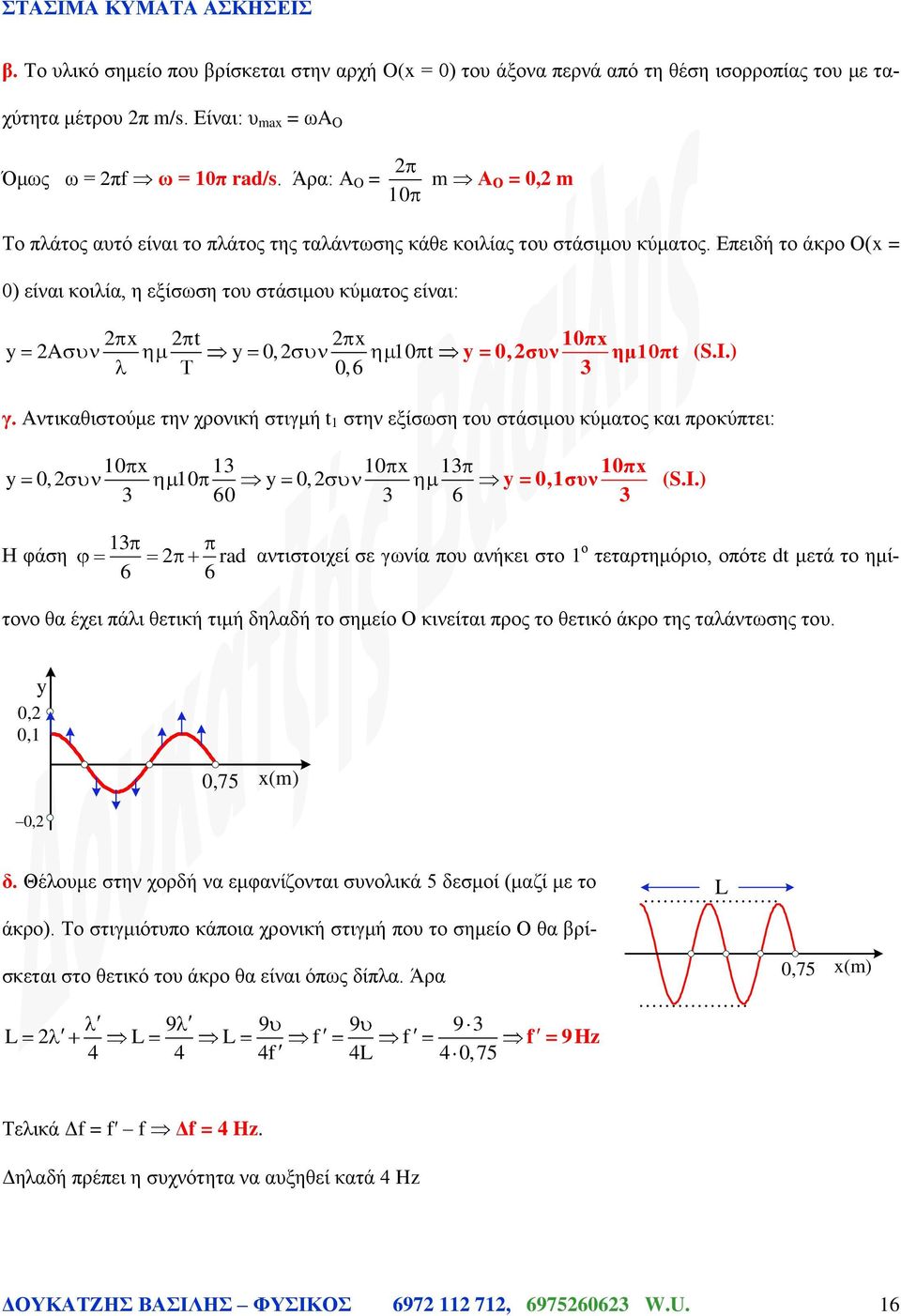 Επειδή το άκρο Ο(x = 0) είναι κοιλία, η εξίσωση του στάσιμου κύματος είναι: x t x y A y 0, 10 t 0,6 10πx y = 0,συν ημ10πt 3 (S.I.) γ.