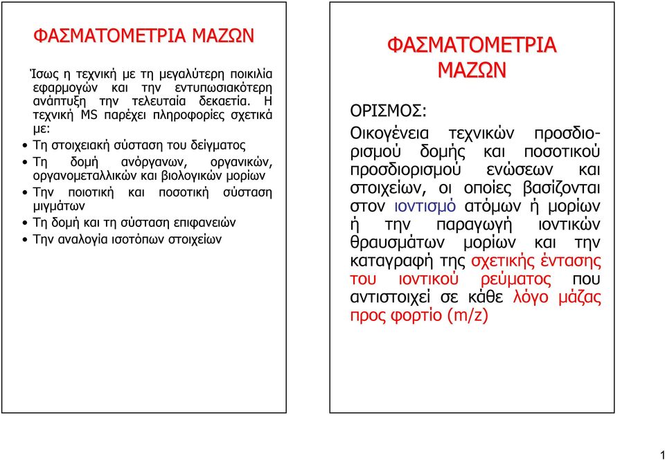 σύσταση μιγμάτων Τη δομή και τη σύσταση επιφανειών Την αναλογία ισοτόπων στοιχείων ΦΑΣΜΑΤΟΜΕΤΡΙΑ ΜΑΖΩΝ ΟΡΙΣΜΟΣ: Οικογένεια τεχνικών προσδιορισμού δομής και ποσοτικού