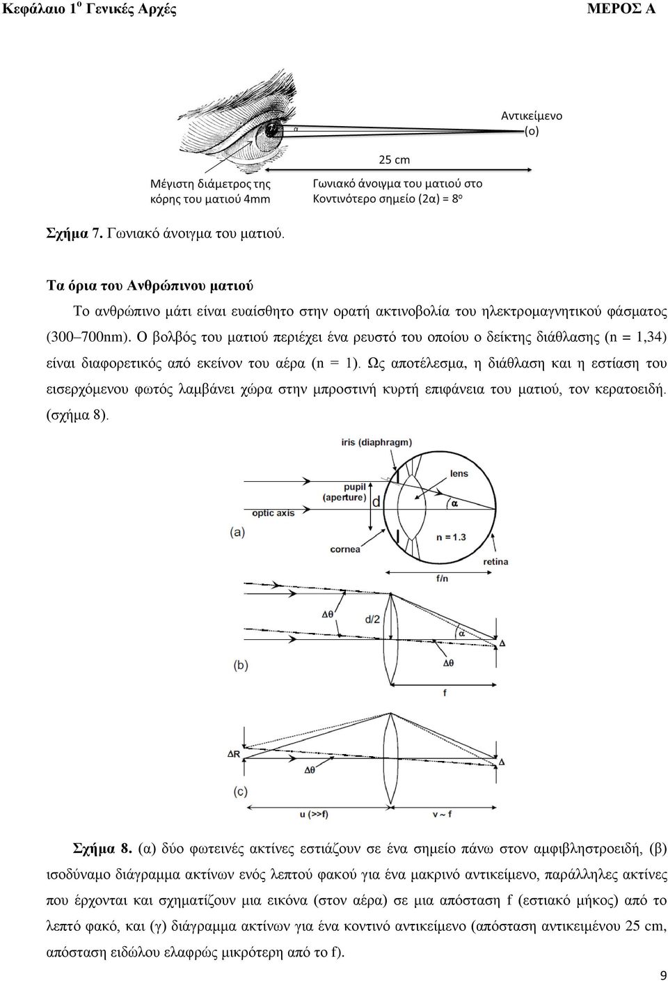 Ως αποτέλεσμα, η διάθλαση και η εστίαση του εισερχόμενου φωτός λαμβάνει χώρα στην μπροστινή κυρτή επιφάνεια του ματιού, τον κερατοειδή. (σχήμα 8). Σχήμα 8.