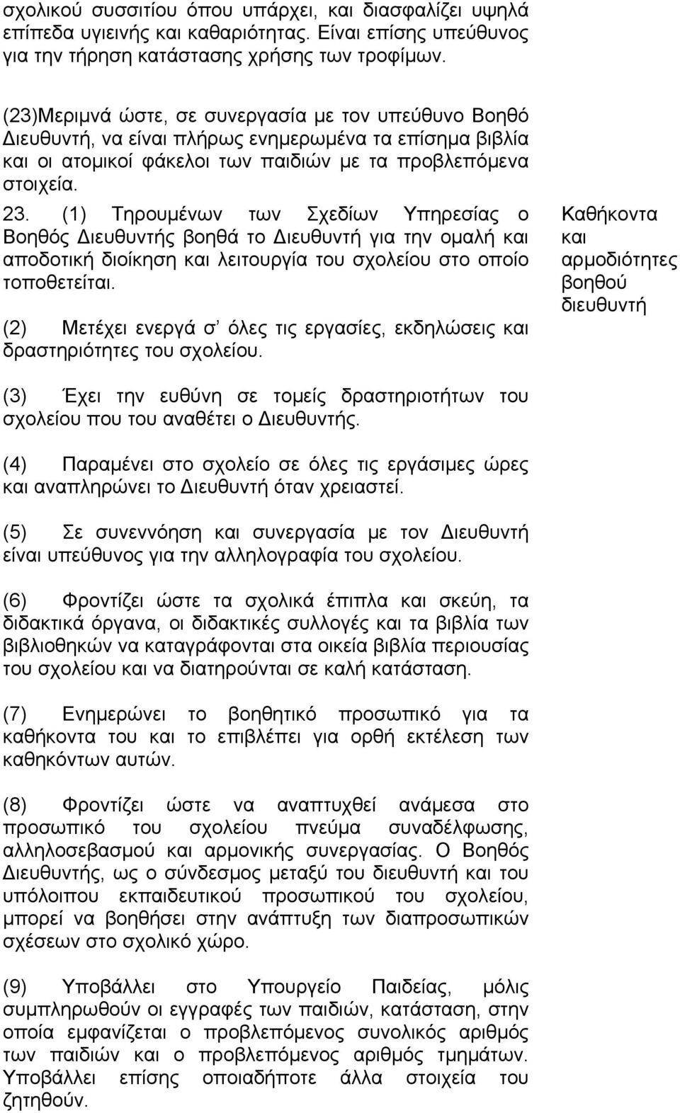 (1) Τηρουμένων των Σχεδίων Υπηρεσίας ο Βοηθός Διευθυντής βοηθά το Διευθυντή για την ομαλή και αποδοτική διοίκηση και λειτουργία του σχολείου στο οποίο τοποθετείται.