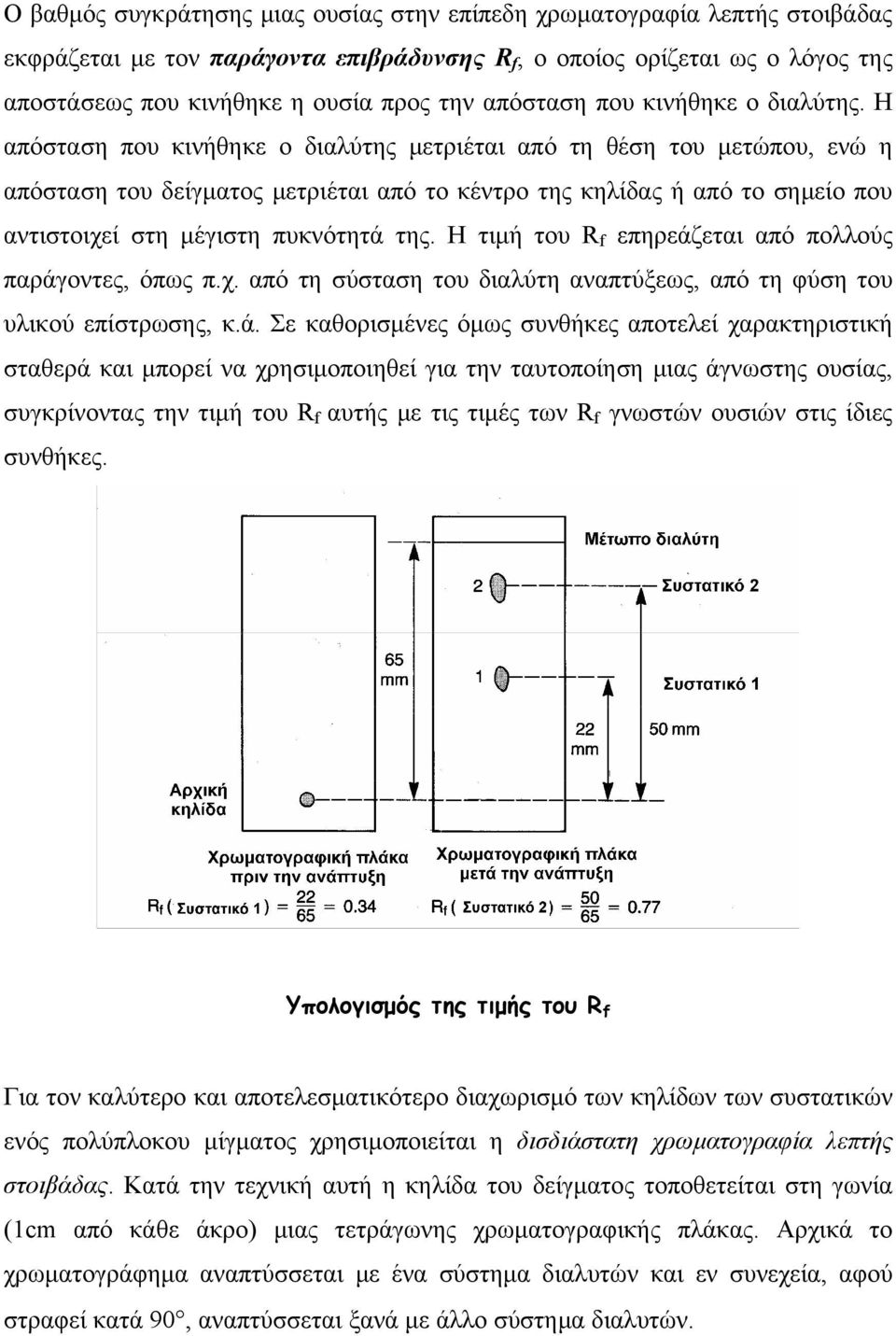 Η απόσταση που κινήθηκε ο διαλύτης μετριέται από τη θέση του μετώπου, ενώ η απόσταση του δείγματος μετριέται από το κέντρο της κηλίδας ή από το σημείο που αντιστοιχεί στη μέγιστη πυκνότητά της.