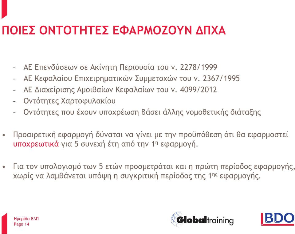 4099/2012 - Οντότητες Χαρτοφυλακίου - Οντότητες που έχουν υποχρέωση βάσει άλλης νομοθετικής διάταξης Προαιρετική εφαρμογή δύναται να γίνει με