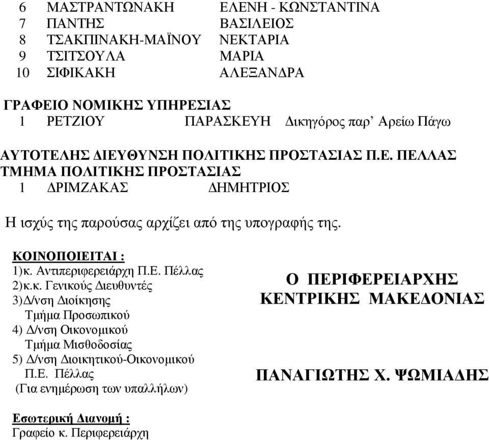 ΚΟΙΝΟΠΟΙΕΙΤΑΙ : 1)κ. Αντιπεριφερειάρχη Π.Ε. Πέλλας 2)κ.κ. Γενικούς ιευθυντές 3) /νση ιοίκησης Τµήµα Προσωπικού 4) /νση Οικονοµικού Τµήµα Μισθοδοσίας 5) /νση ιοικητικού-οικονοµικού Π.